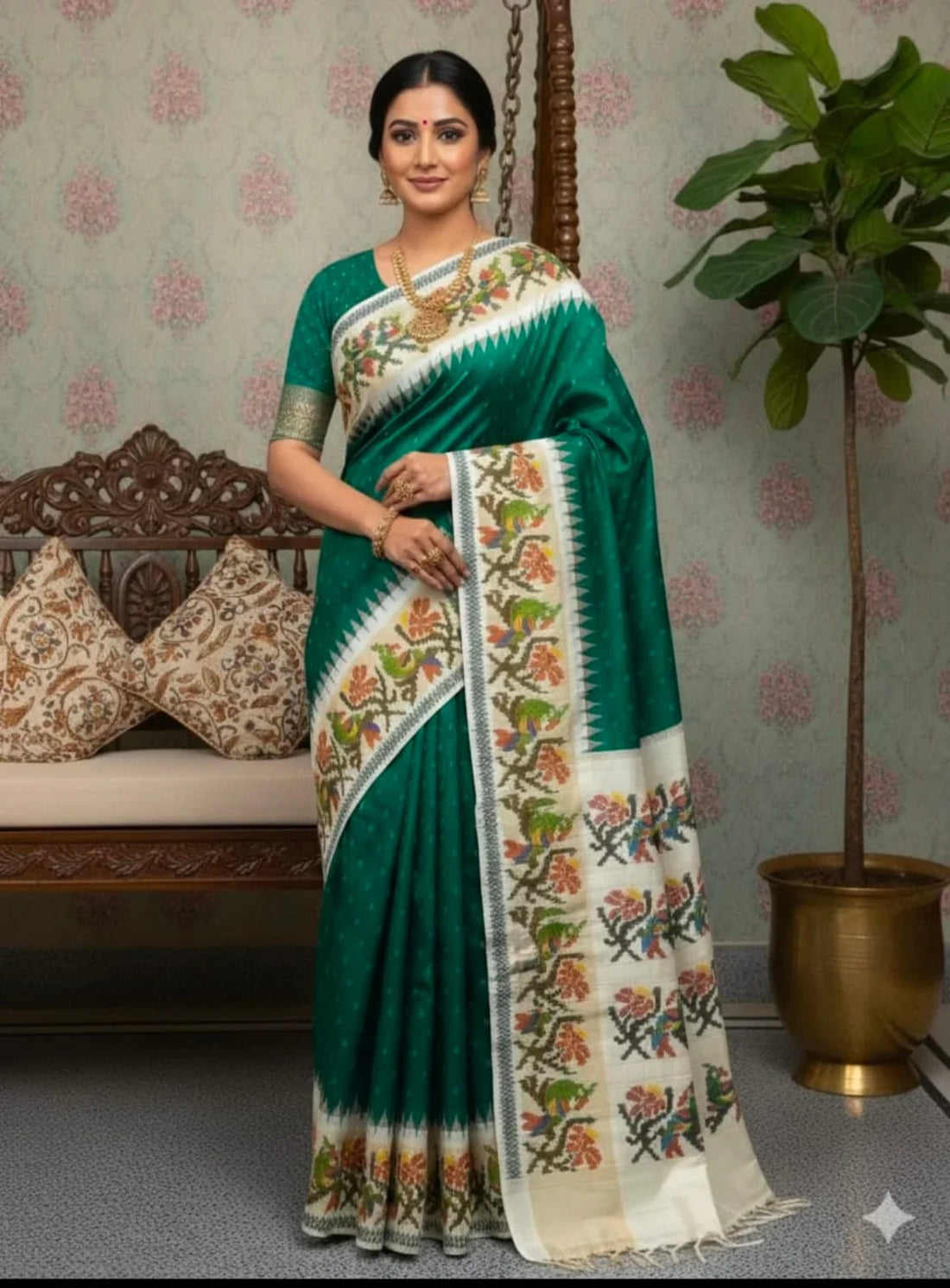 Pure Emerald Green Pochampally Ikkat Silk Saree - pochampallysarees.com