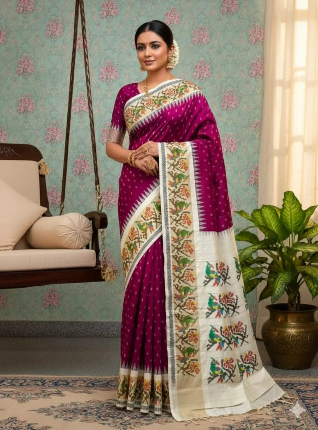 Premium Magenta & Cream Ikkat Silk Saree | Silk Mark Certified | Pure Handloom with Traditional Parrot & Temple Border - pochampallysarees.com