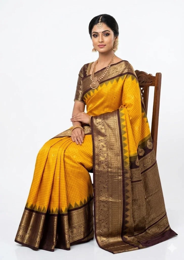 Traditional Mustard Yellow & Chocolate Brown Gadwal Silk Saree with Zari Border - pochampallysarees.com