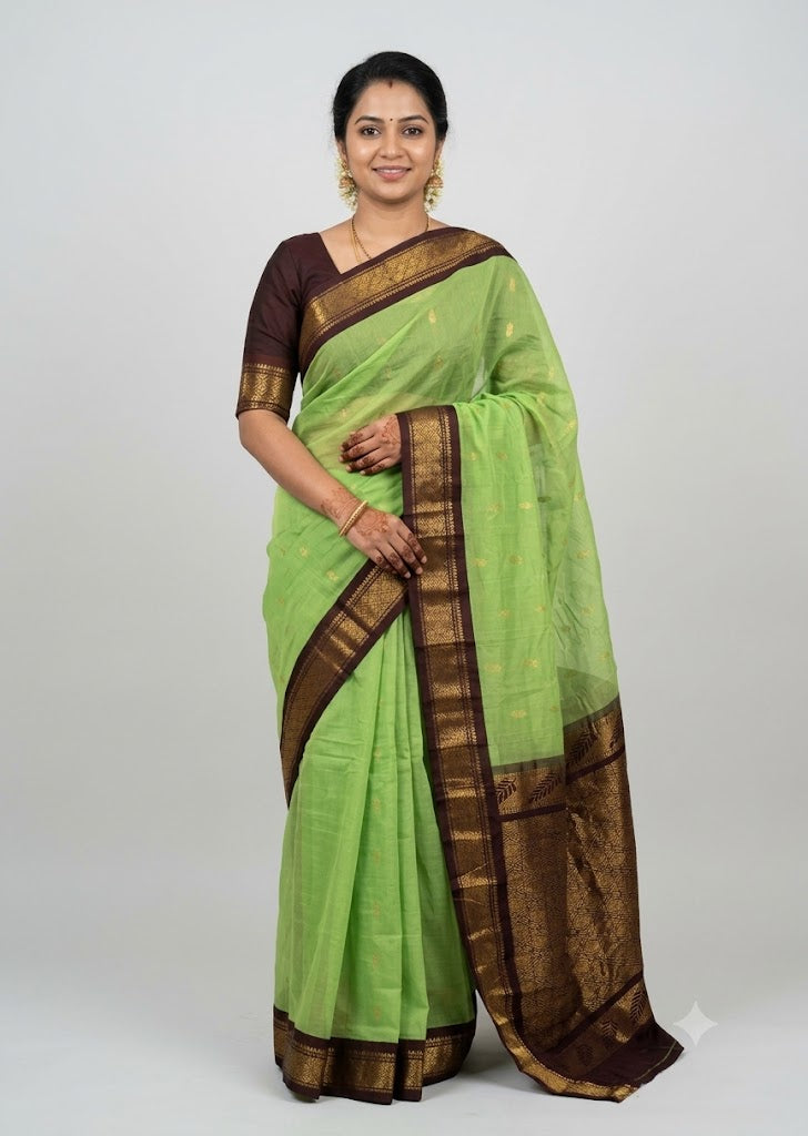 Light Green Gadwal Cotton Saree with Dark Brown Border (Without Blouse) gc 4
