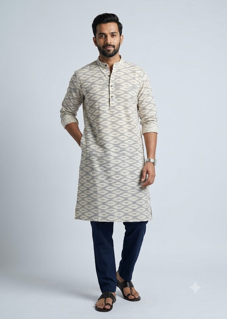 Off-White & Black Pochampally Ikat Fabric – Pure Handloom Cotton Material
