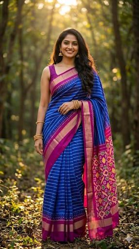 Royal Blue Saree with Magenta Border & Ikat-Inspired Pallu - pochampallysarees.com