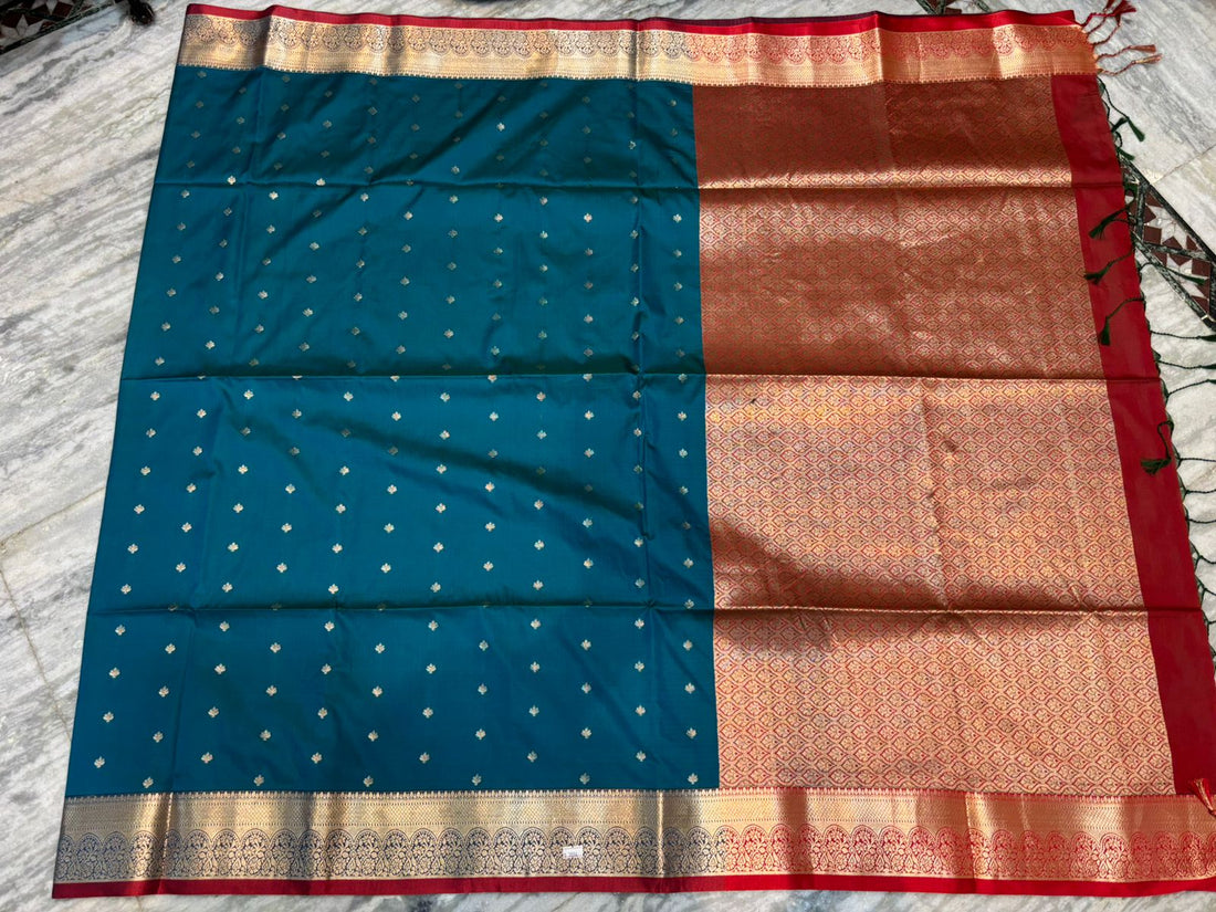 Teal Blue & Red Dharmavaram Silk Saree | Buy Online - pochampallysarees.com