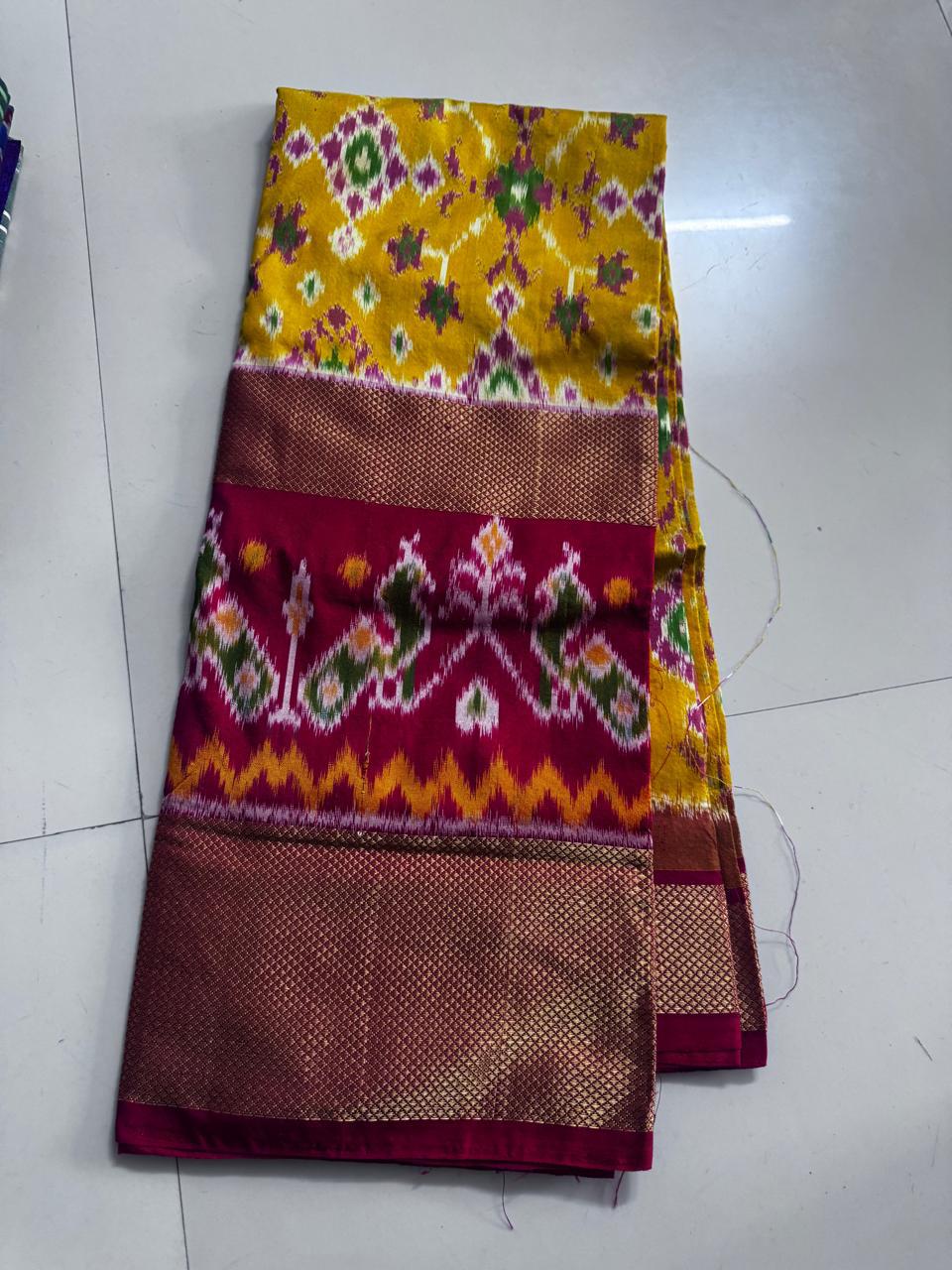 Yellow and Pink Ikkat Silk Big Size Lehenga (8 Years to 50 Years)with silk mark