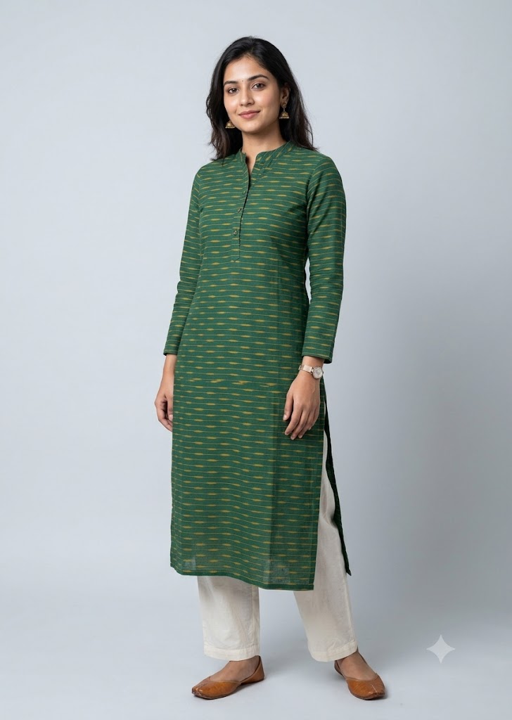 Handloom Bottle Green Pochampally Ikat Cotton Fabric
