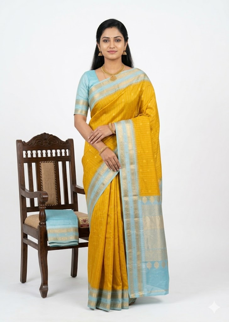 Pure Gadwal Silk Saree in Mustard Yellow with Pastel Sky Blue Zari Border - pochampallysarees.com