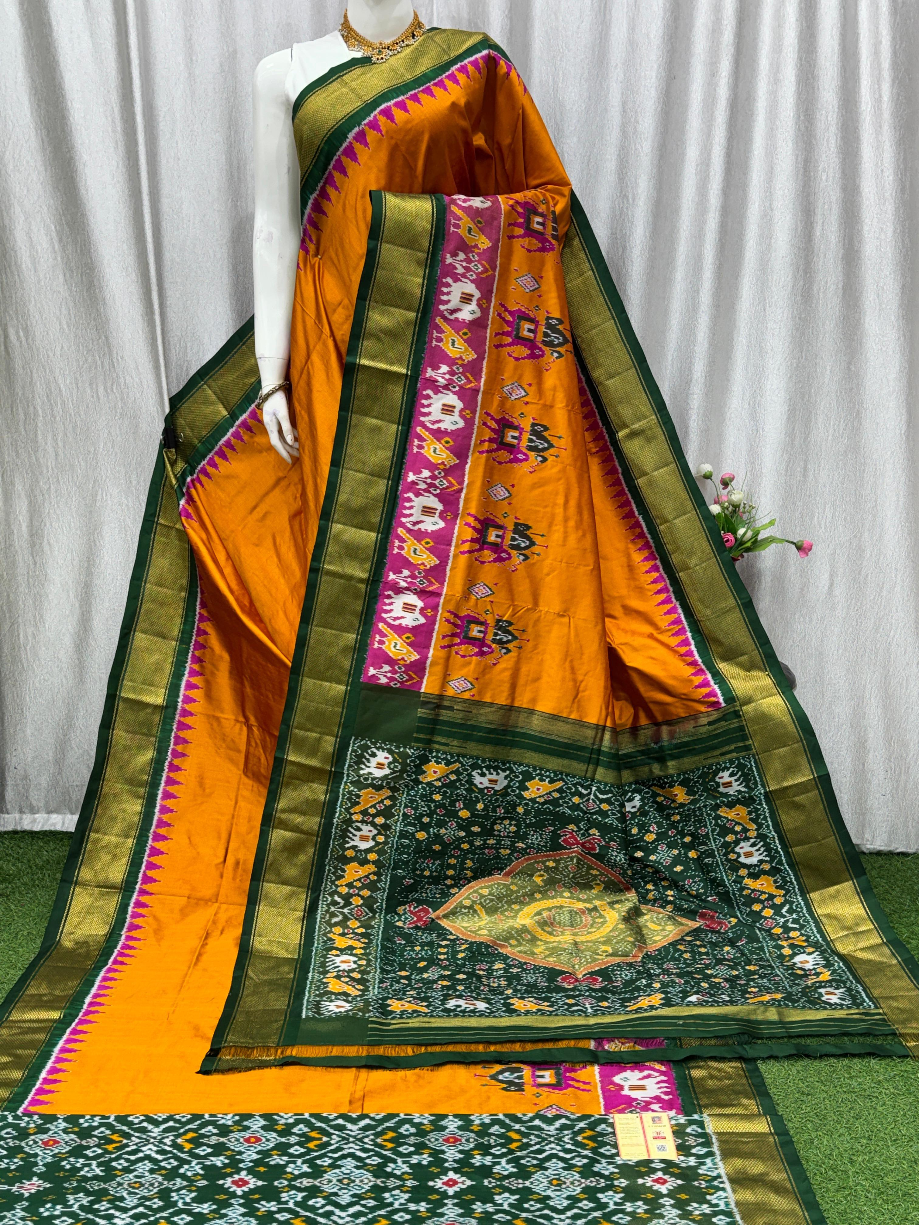Golden Yellow Traditional Silk Saree with Green Pallu & Elephant Motifs - pochampallysarees.com