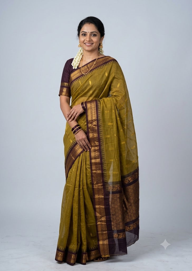 Traditional Olive Green Gadwal Cotton Saree with Dark Plum Zari Border gc28