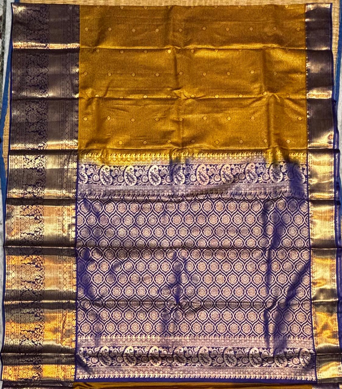 Antique Mustard Gold & Royal Blue Semi Dharmavaram Silk Saree with Zari Checks and Brocade Pallu