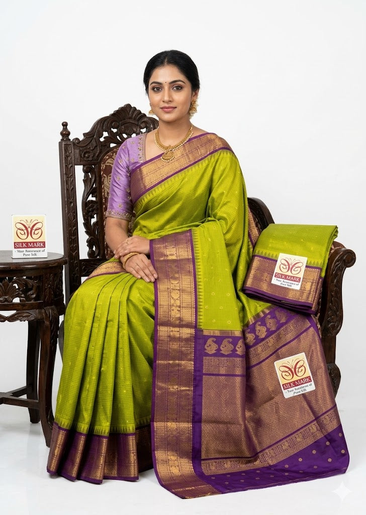 Gadwal Silk Saree – Parrot Green & Lavender - pochampallysarees.com
