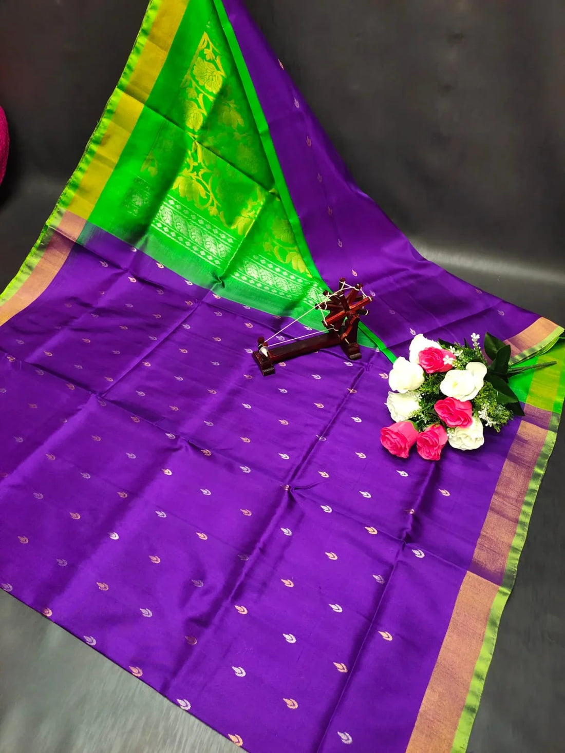 Deep Purple and Parrot Green Uppada Pattu Silk Saree with Zari Motifs - pochampallysarees.com