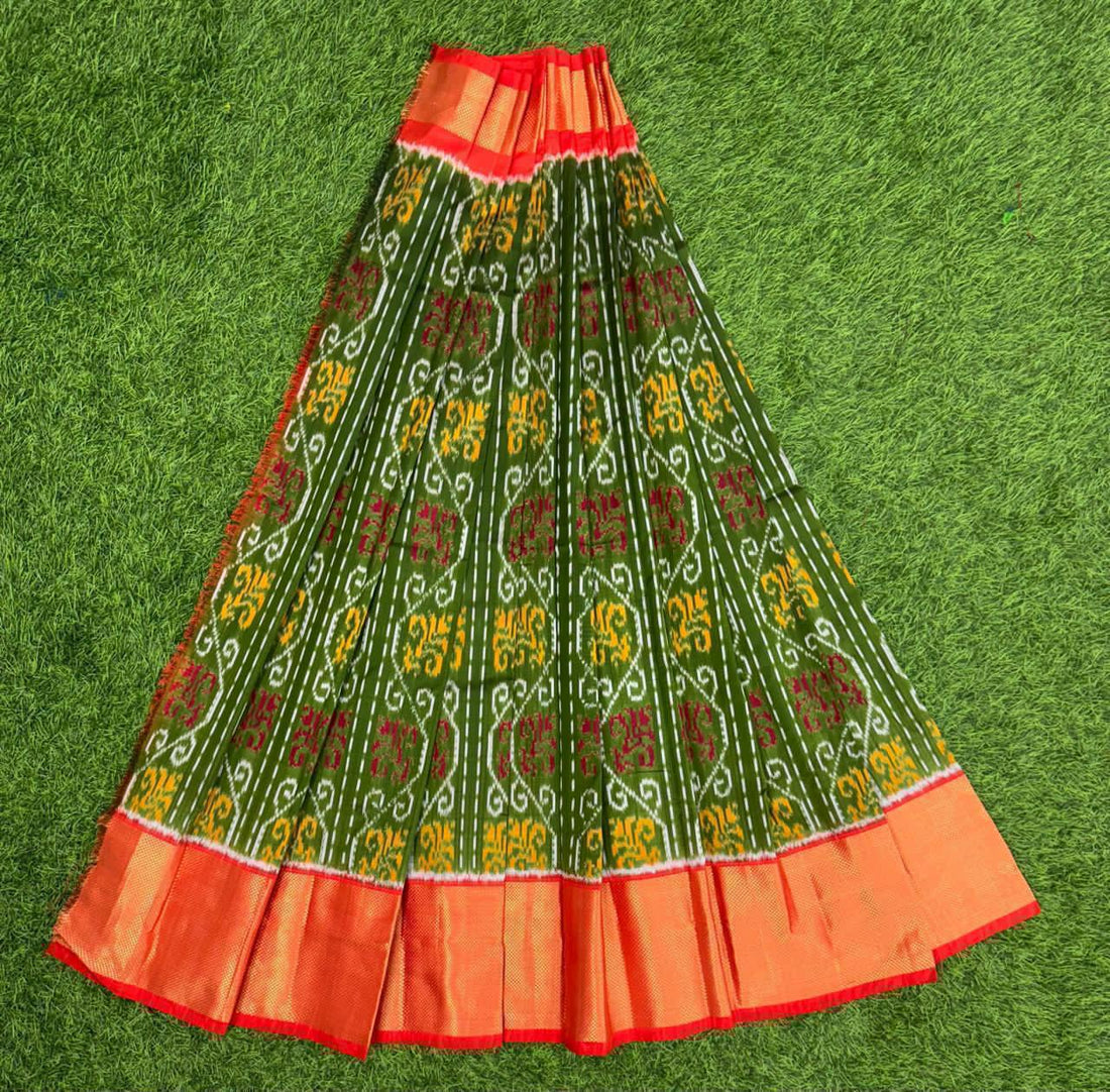 Green and Red Ikkat Silk Big Size Lehenga (8 Years to 50 Years)with silk mark