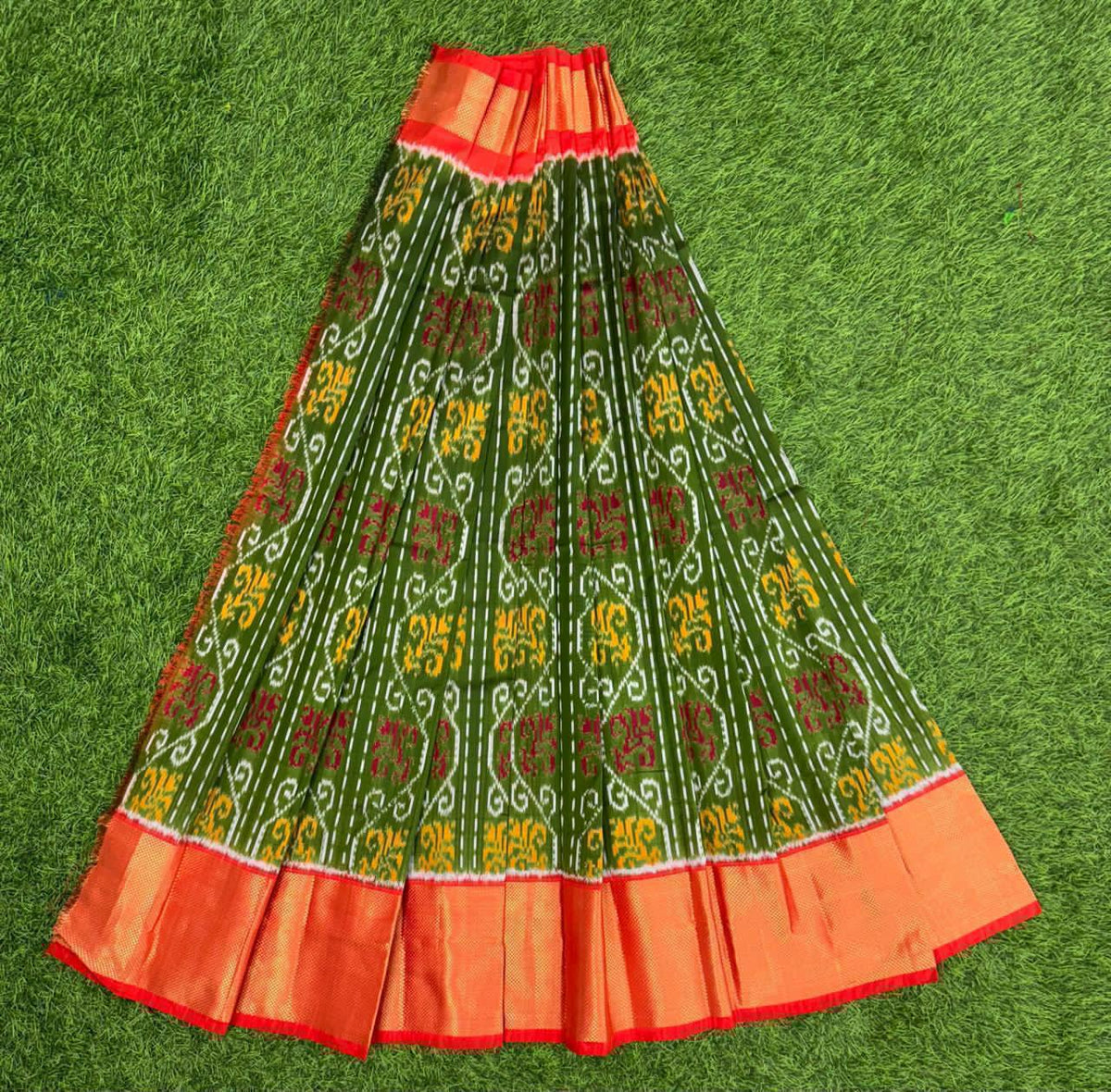 Green and Red Ikkat Silk Big Size Lehenga (8 Years to 50 Years)with silk mark