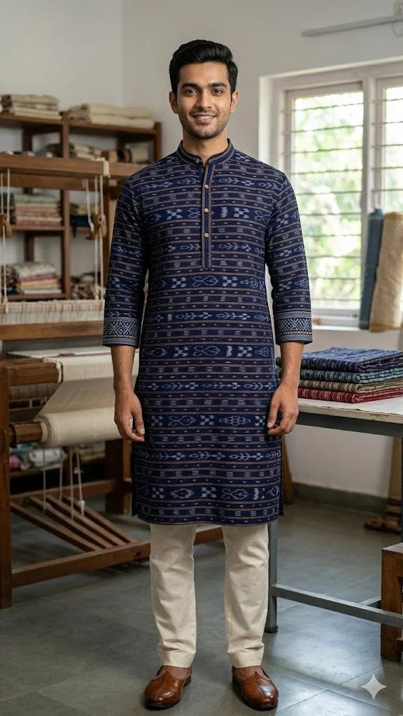 Navy Blue Sambalpuri Ikat Running Fabric – Authentic Odisha Handloom Cotton - pochampallysarees.com