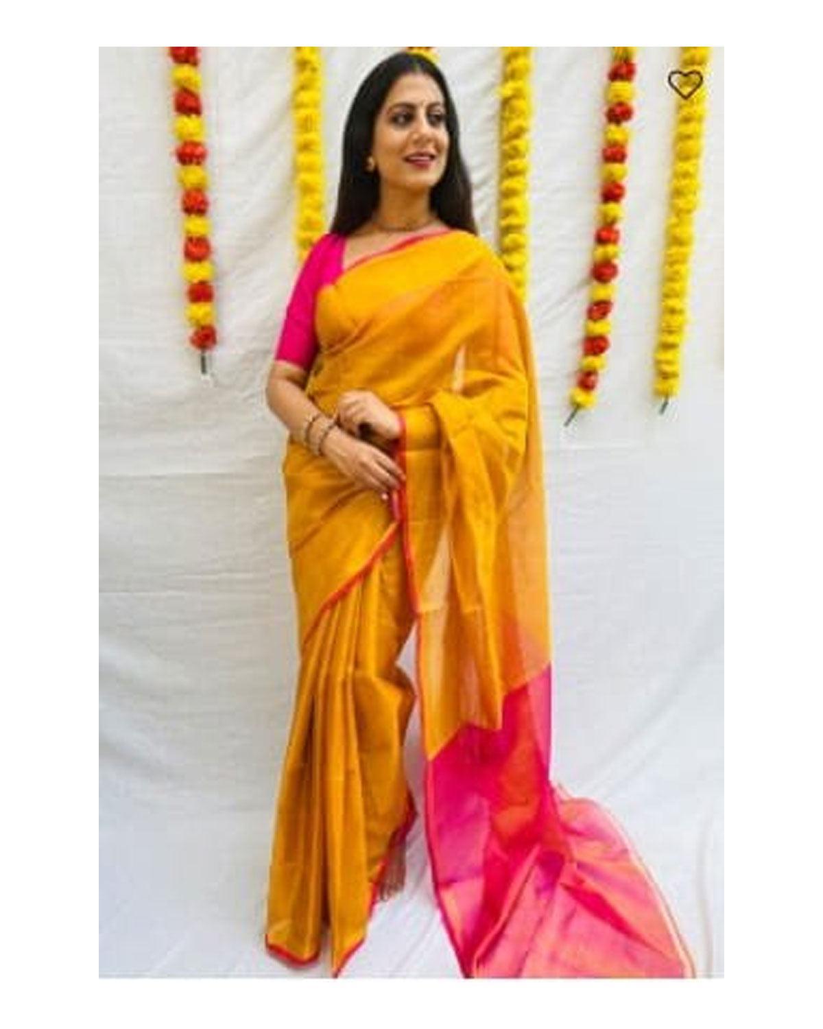 AMAGING UPPADA SILK TISHU YELLOW COLOR SAREE - pochampallysarees.com