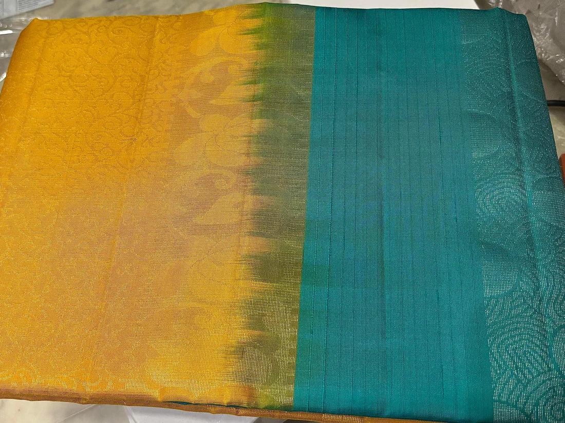 PURE SOFT SILK SAREE BLUE AND YELLOW WITH ALLOVER ZARI WEAVES BUTTAS IN BORDER KANCHI STYLE - pochampallysarees.com