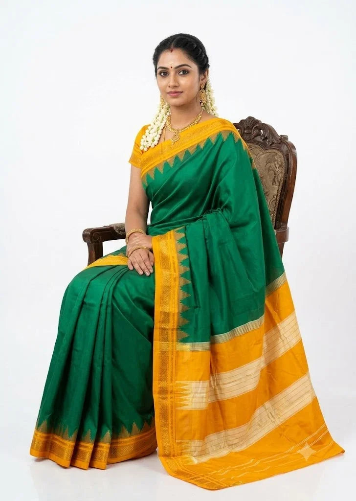 Deep Green Gadwal Silk Saree with Marigold Yellow Pallu - pochampallysarees.com