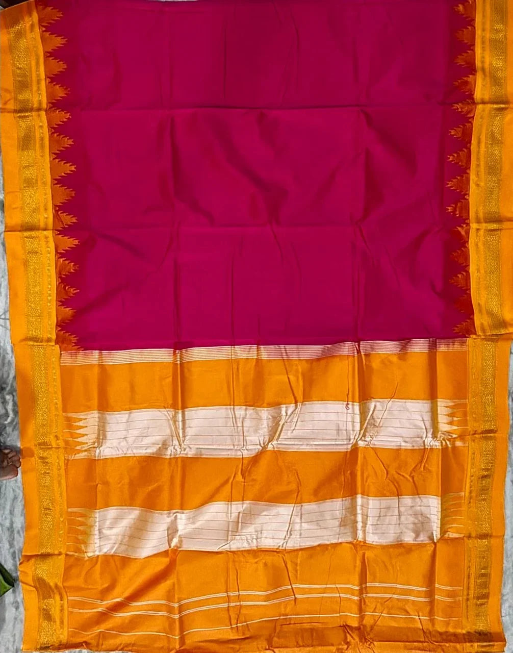 Deep Magenta-Pink Gadwal Silk Saree with Marigold Yellow Pallu - pochampallysarees.com