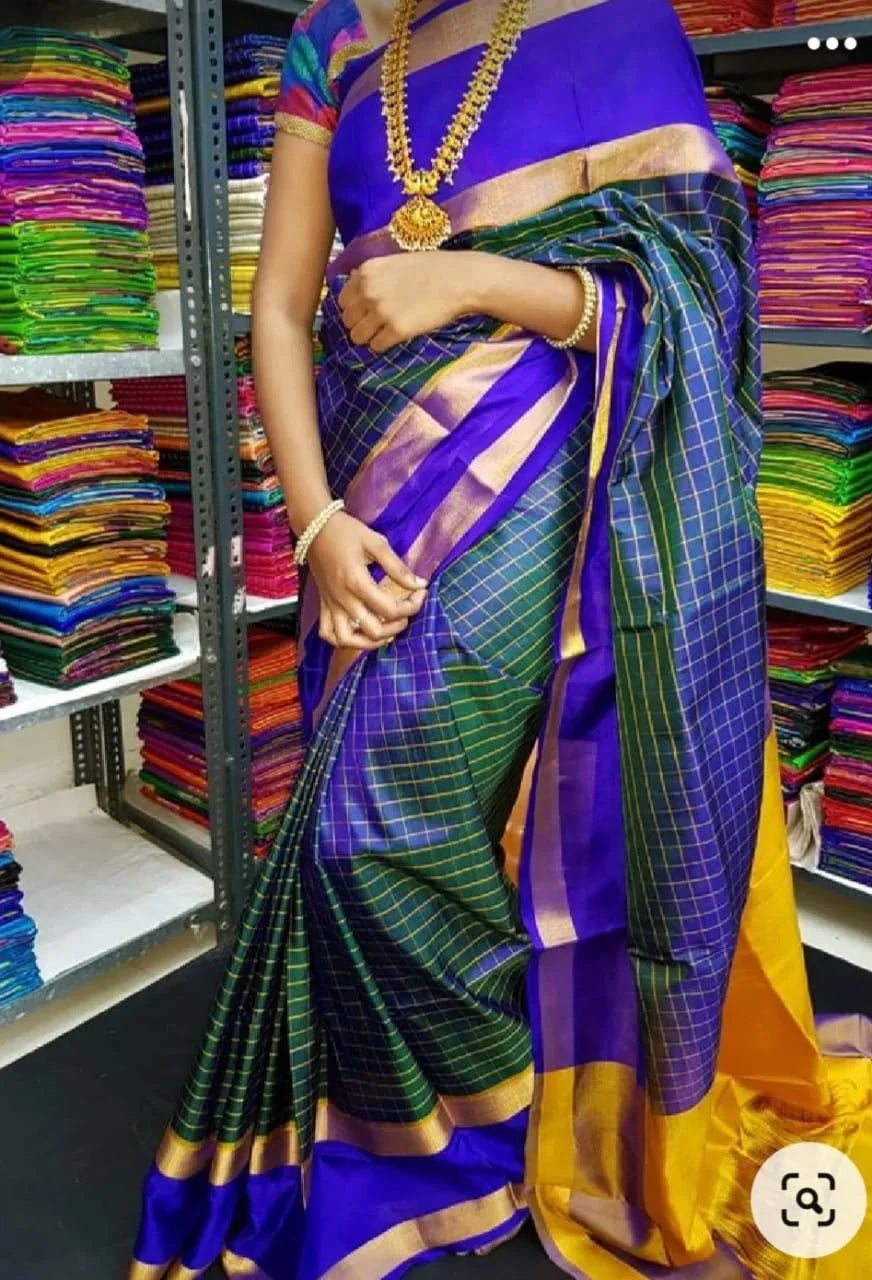 Royal Blue & Green Checkered Uppada Pattu Saree with Yellow Border - pochampallysarees.com