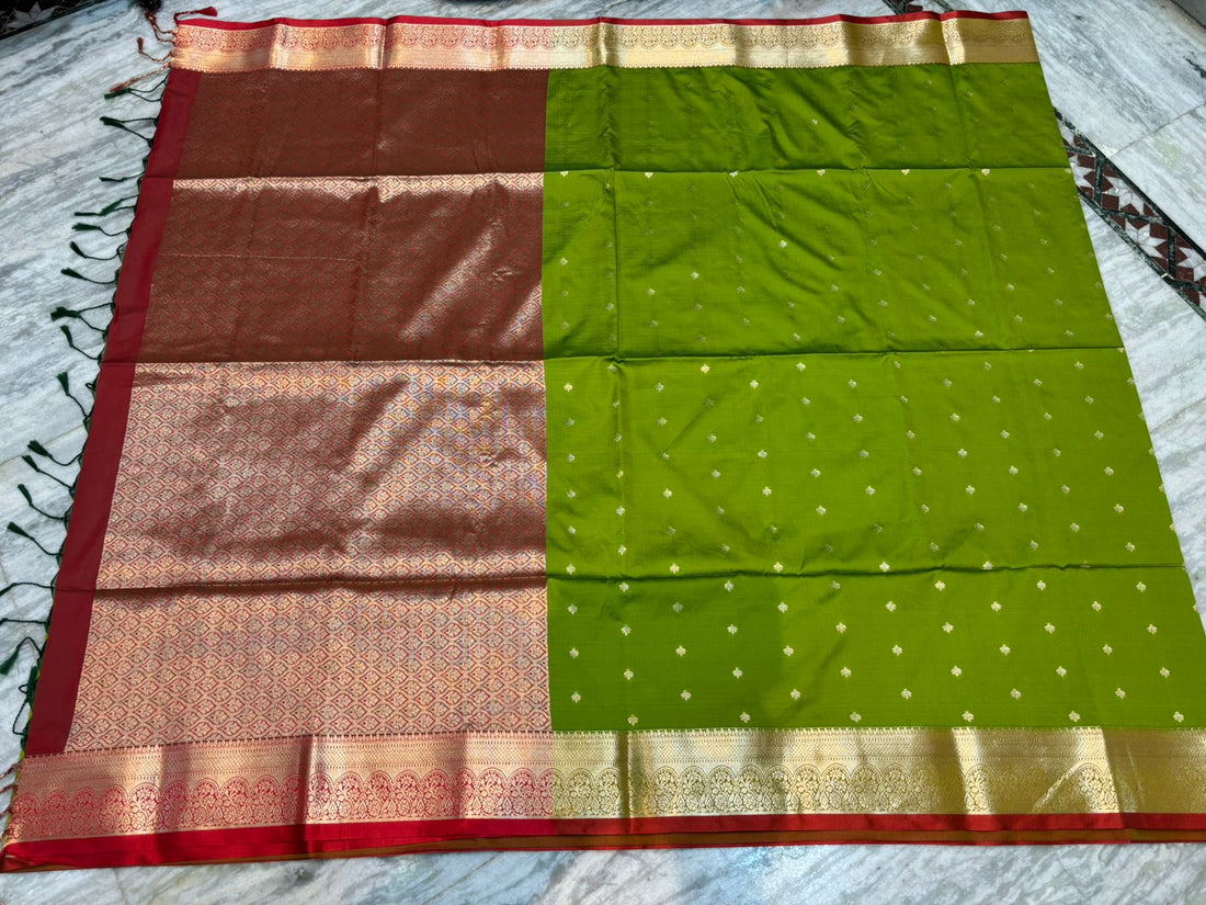 Bright Olive Green & Maroon Pure Dharmavaram Silk Saree - pochampallysarees.com