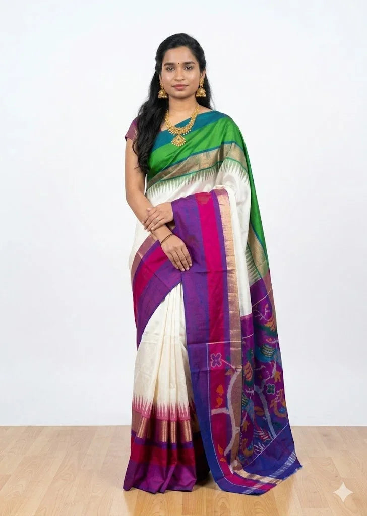 Pure Pochampally Ikkat Silk Saree in Cream with Purple Pallu - pochampallysarees.com