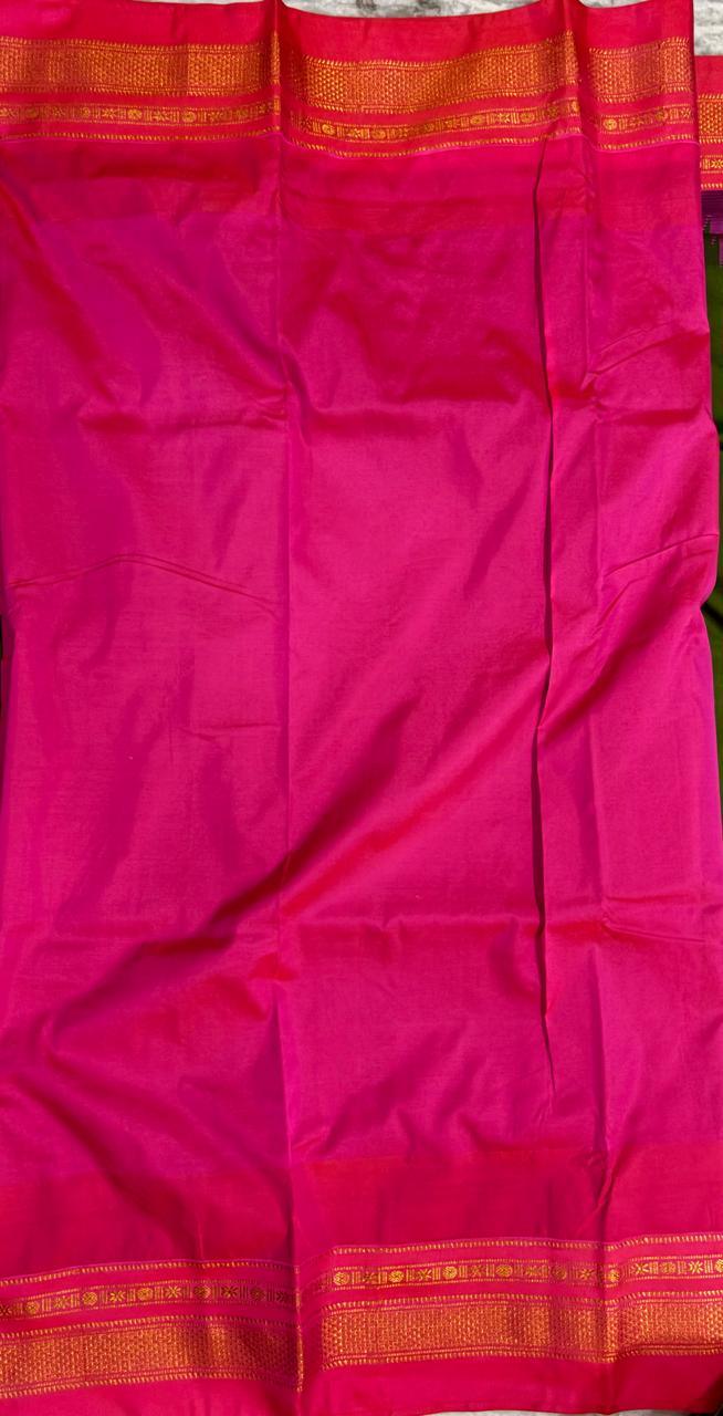 Olive Green Gadwal Silk Saree with Magenta Pink Pallu & Temple Border - pochampallysarees.com