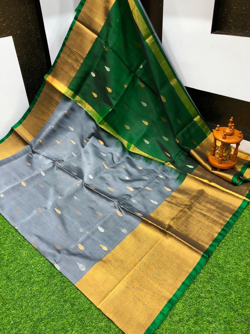 Exquisite Dark Grey & Emerald Green Uppada Pattu Saree with Grand Zari Border - pochampallysarees.com