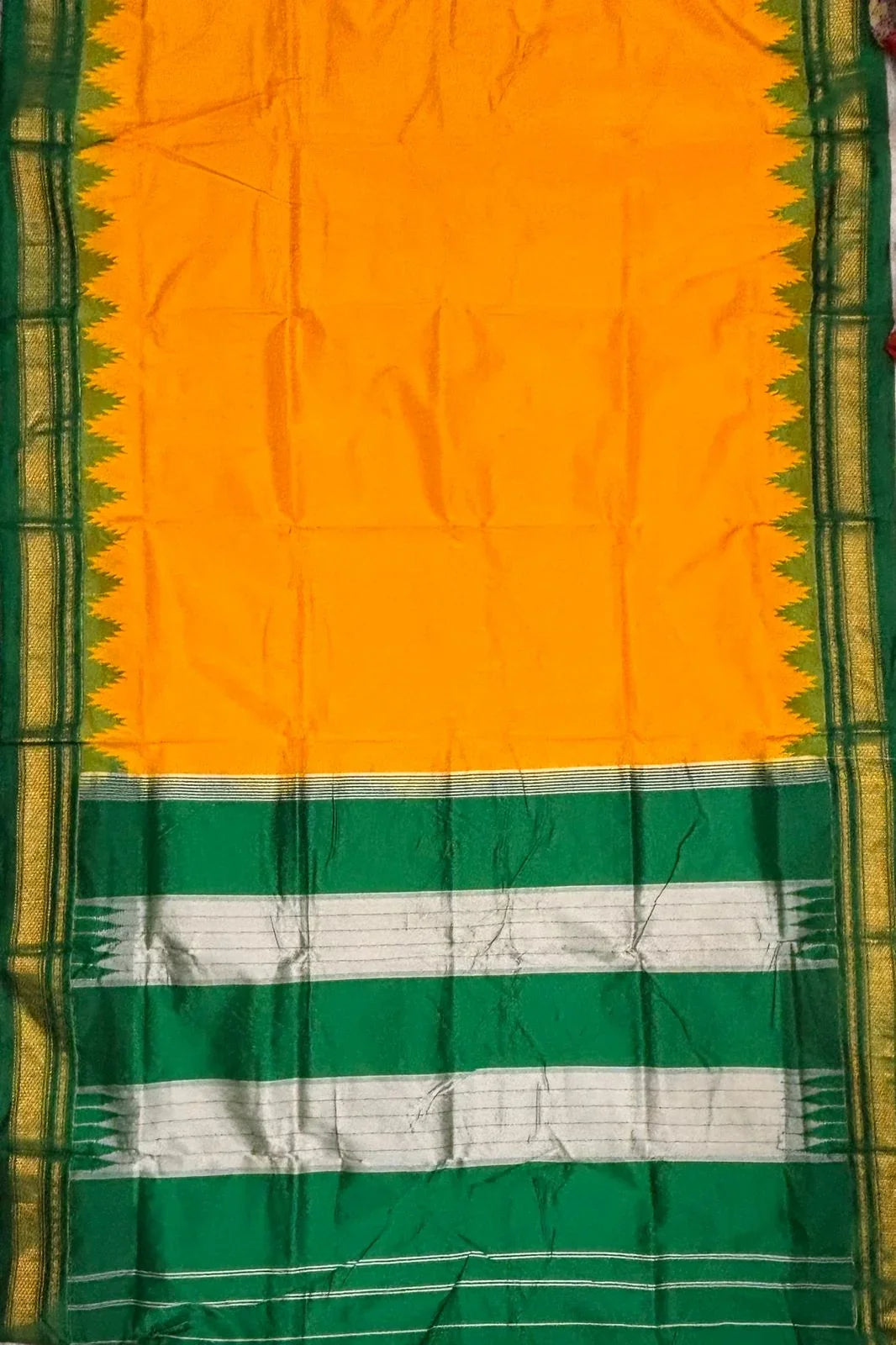 Vibrant Yellow Gadwal Saree with Contrast Green Temple Border - pochampallysarees.com