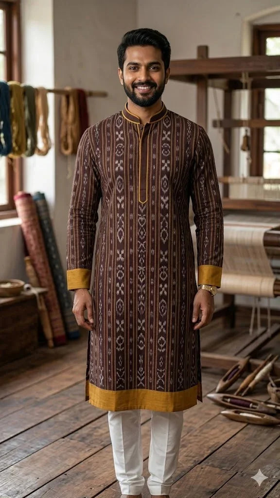 Dark Maroon Sambalpuri Ikat Running Fabric | Odisha Handloom Cotton - pochampallysarees.com