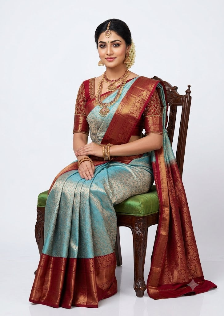 Dharmavaram Pattu Silk Saree in Light Blue With Red