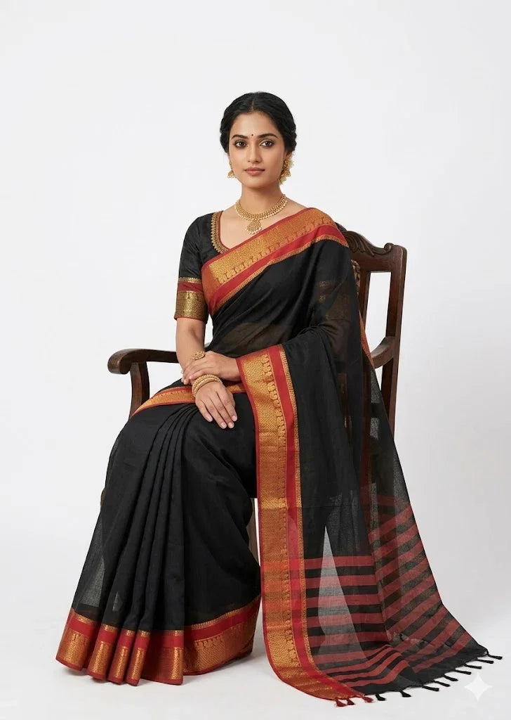 PURE NARAYANPET COTTON BLACK SARI - pochampallysarees.com
