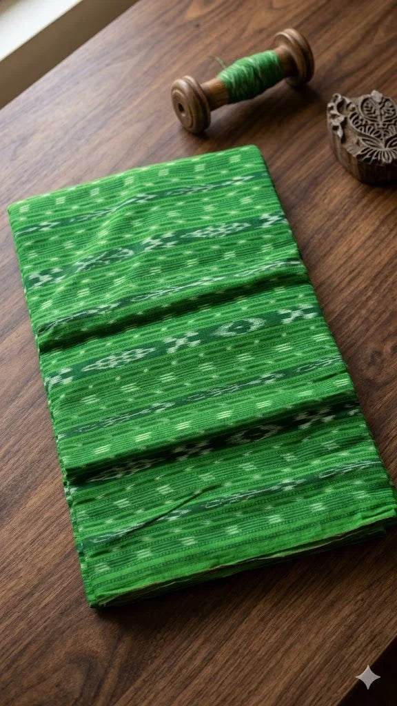 Premium Green Sambalpuri Ikat Unstitched Handloom Fabric - pochampallysarees.com