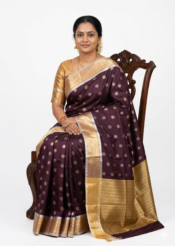 Elegant Deep Wine Purple Dharmavaram Pattu Saree with Gold Zari Border