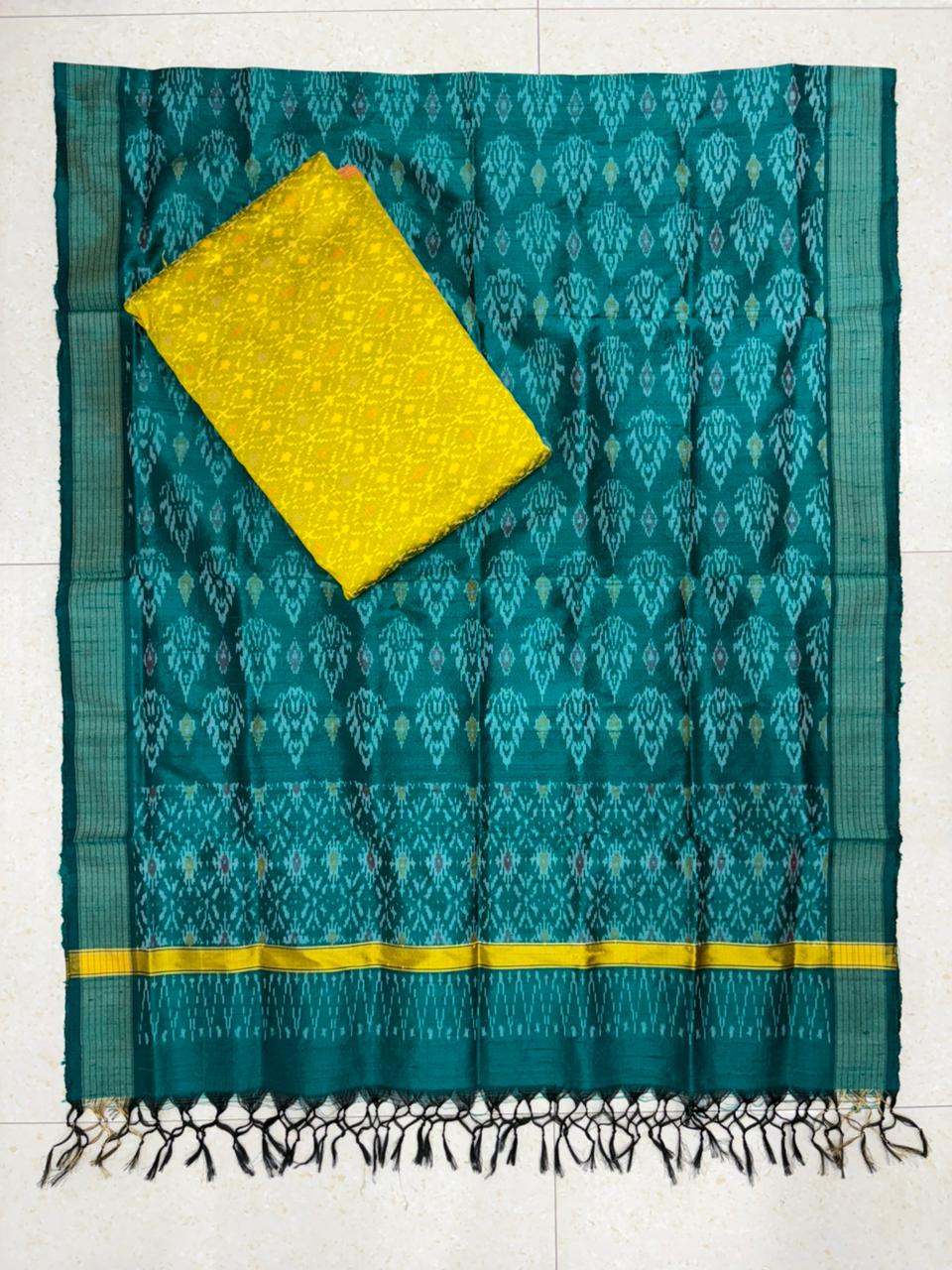 Latest Ikkat Silk Dress Material: Rama Geen & Yellow Pochampally Salwar Suit