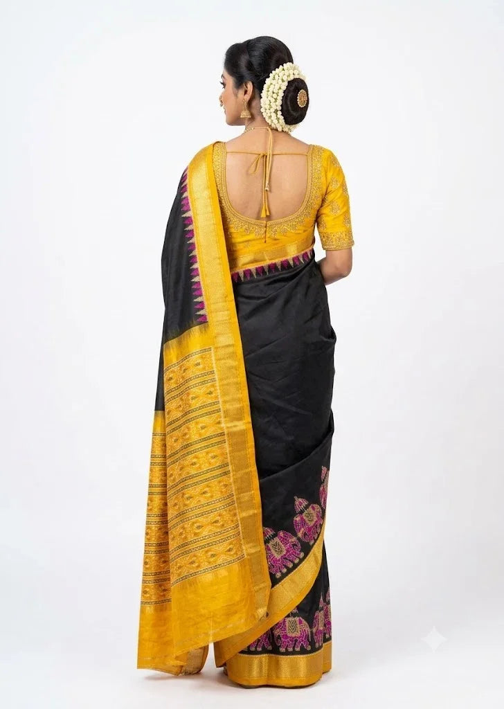 Premium Black & Mustard Yellow Pochampally Ikat Silk Saree with Elephant Motifs - pochampallysarees.com
