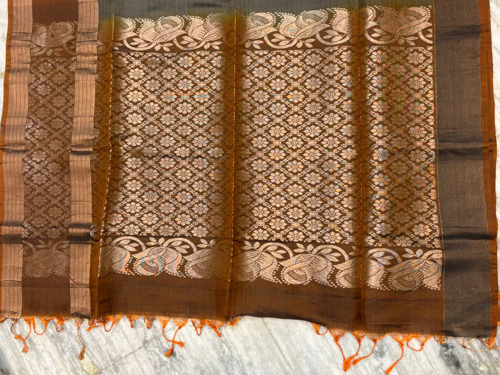 Elegant Charcoal Grey & Copper Zari Soft Silk Saree with Floral Pallu - pochampallysarees.com