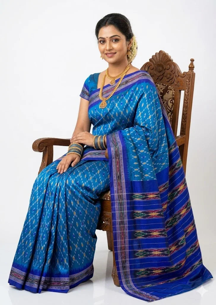 Buy Authentic Pure Blue Ikat Silk Saree Online | Traditional Handloom Weaves