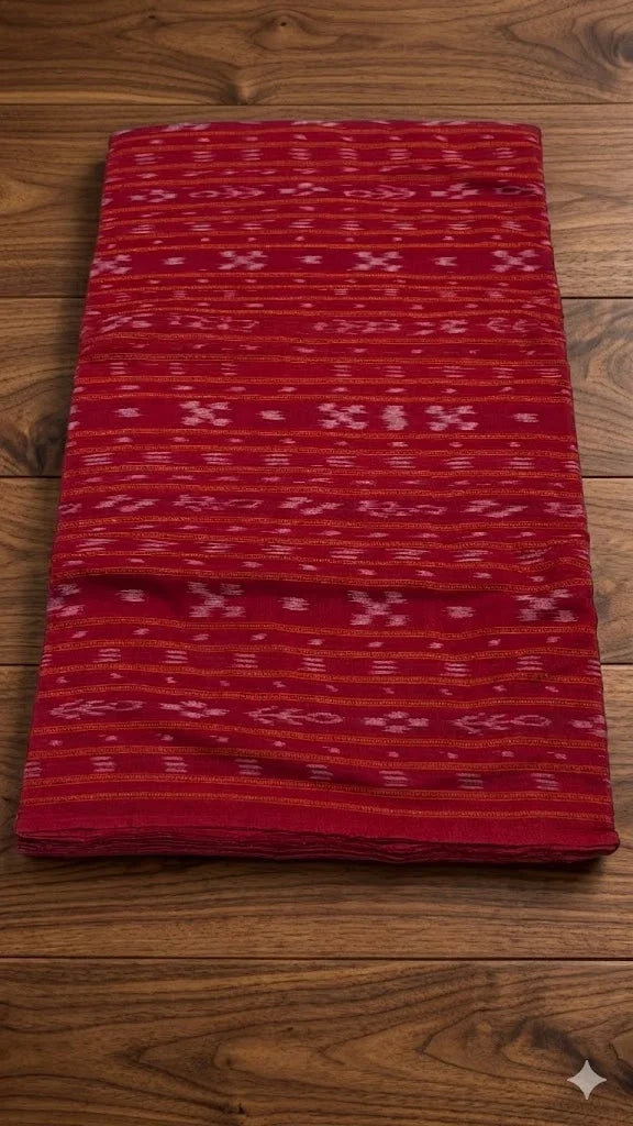 Bright Red Sambalpuri Ikat Running Fabric – Traditional Odisha Handloom Cotton - pochampallysarees.com