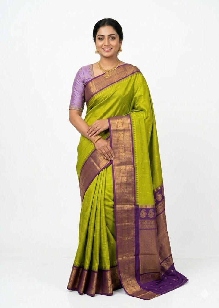 Gadwal Silk Saree – Parrot Green & Lavender - pochampallysarees.com