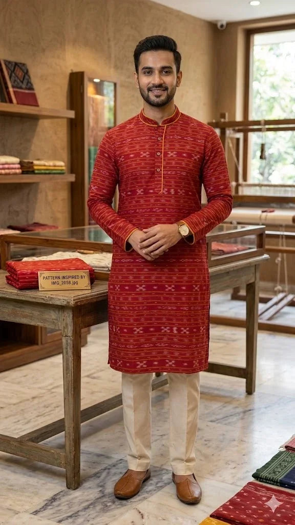 Bright Red Sambalpuri Ikat Running Fabric – Traditional Odisha Handloom Cotton - pochampallysarees.com