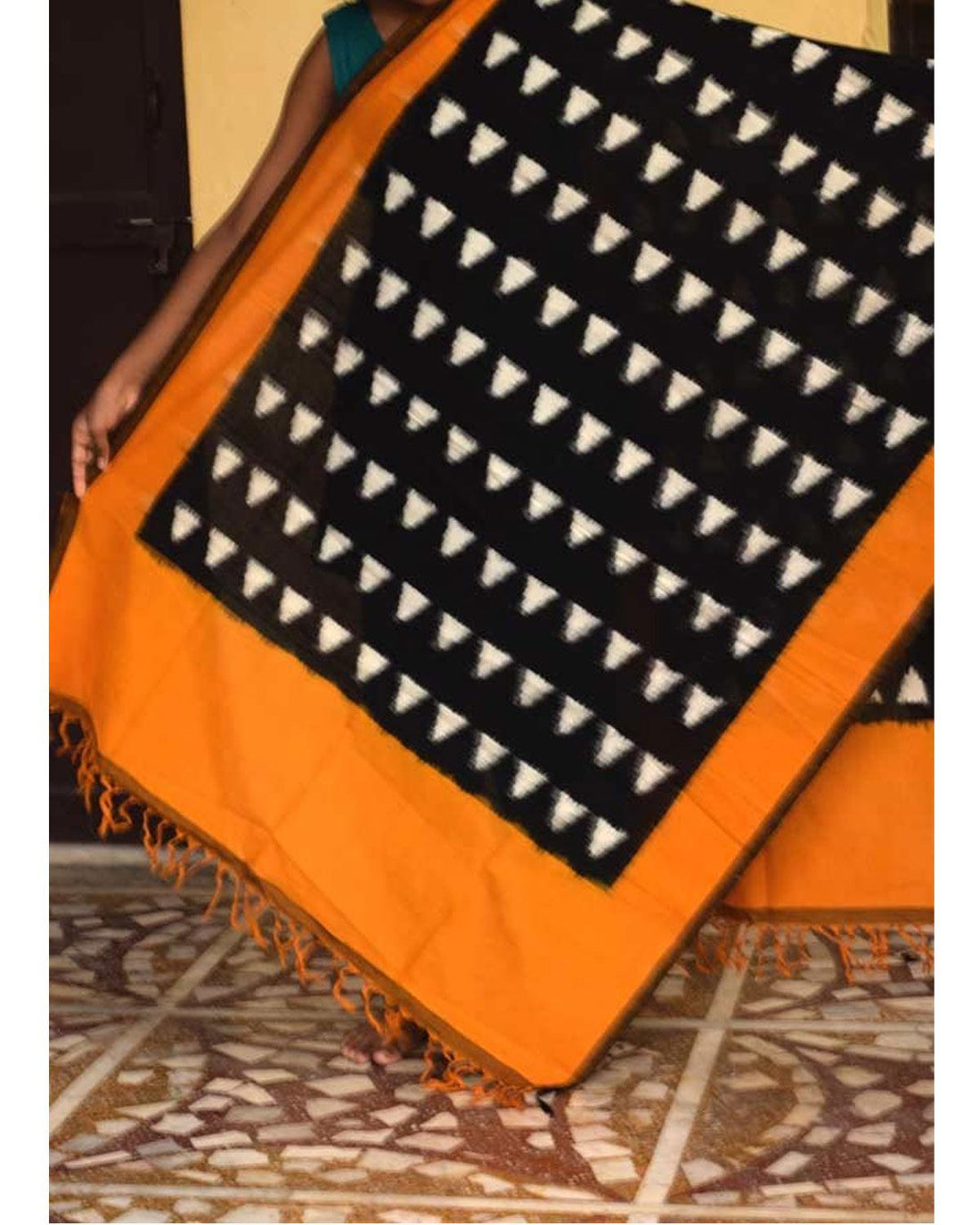 BLACK WITH YELLOW COLOR IKKAT COTTON DUPATTA - pochampallysarees.com