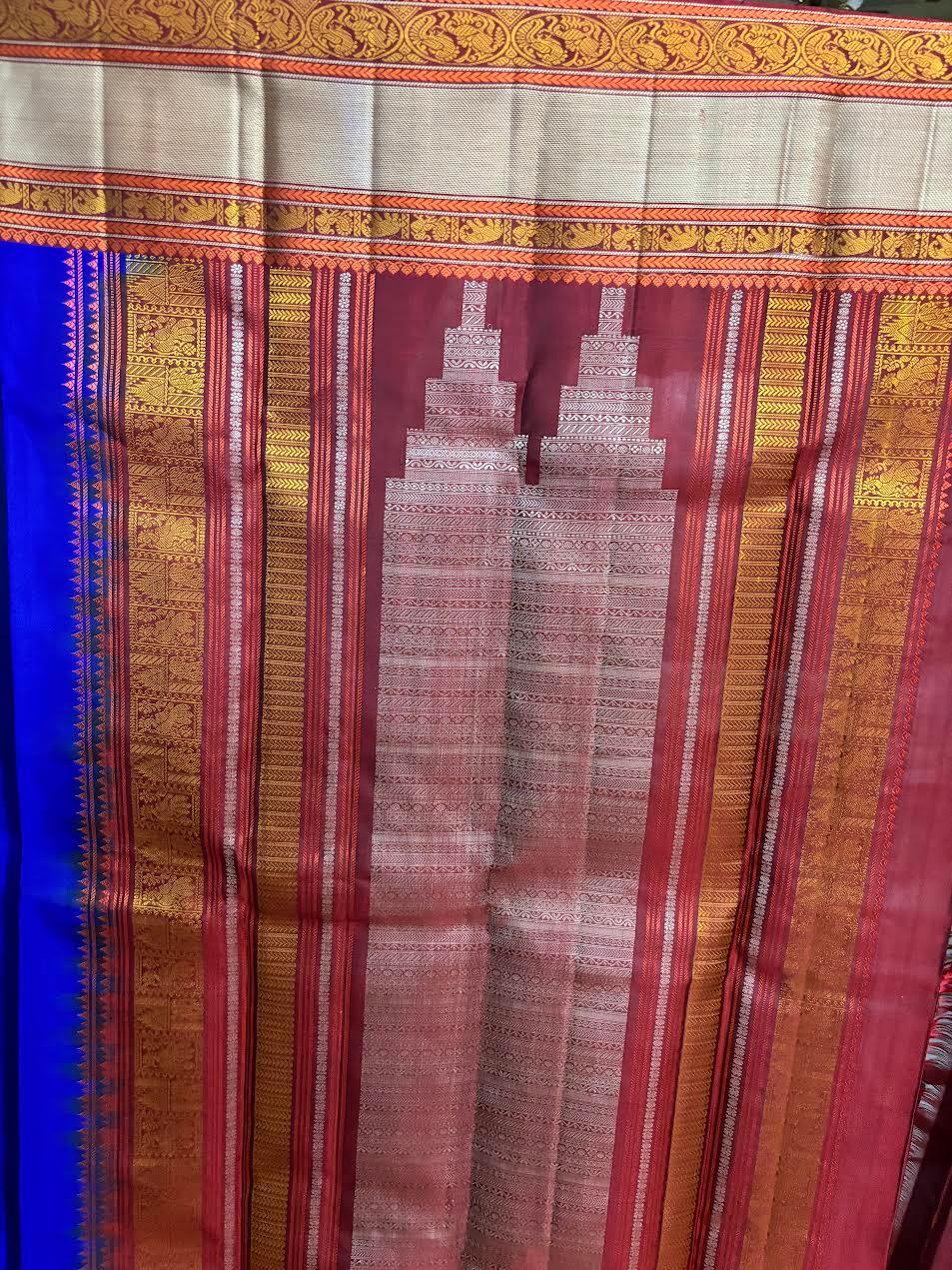 PURE SOFT SILK SAREE BLUE AND RED WITH ALLOVER ZARI WEAVES BUTTAS IN BORDER KANCHI STYLE - pochampallysarees.com