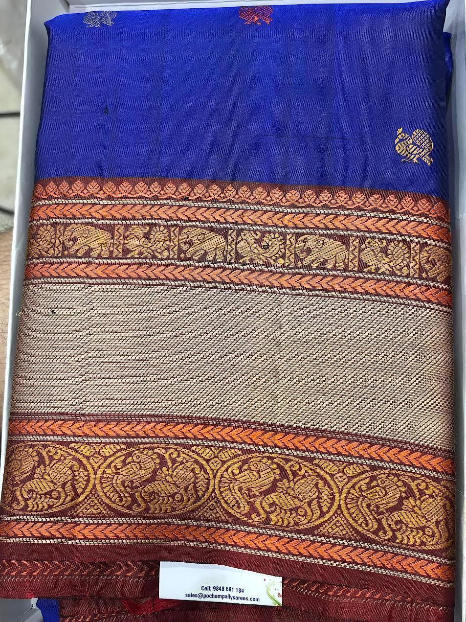 PURE SOFT SILK SAREE BLUE AND RED WITH ALLOVER ZARI WEAVES BUTTAS IN BORDER KANCHI STYLE - pochampallysarees.com