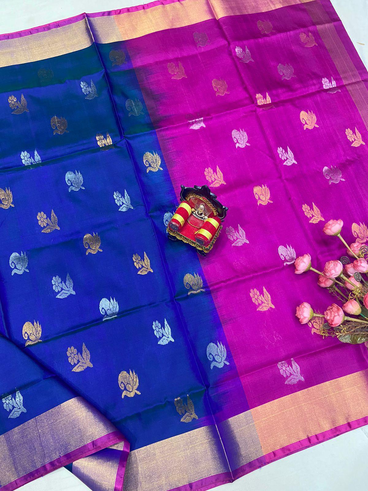 Blue Uppada Butta Pure Silk Saree - pochampallysarees.com
