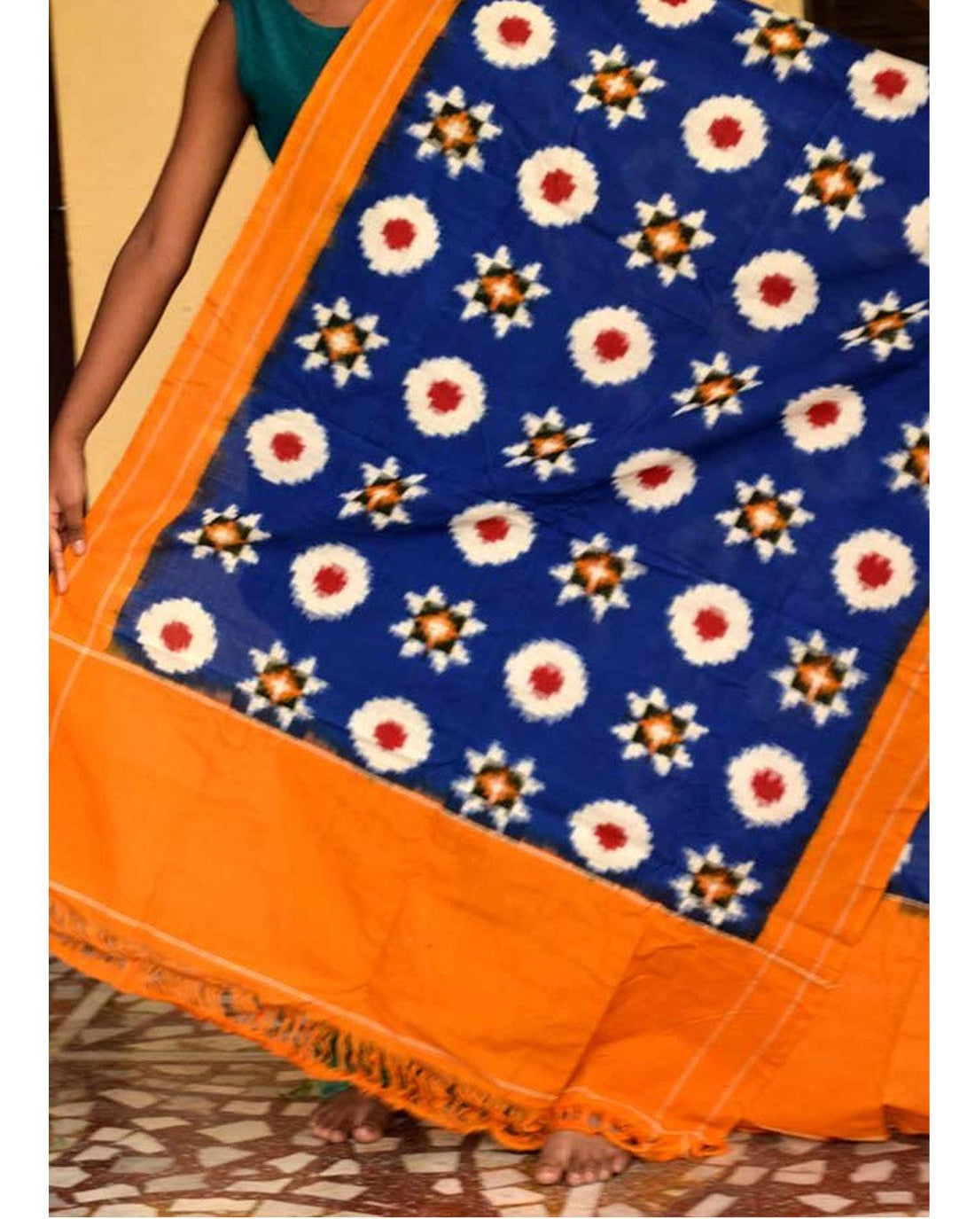 BLUE WITH YELLOW COLOR IKKAT COTTON DUPATTA - pochampallysarees.com