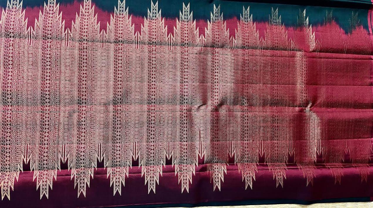 PURE SOFT SILK SAREE BOTTLE GREEN AND RED WITH ALLOVER ZARI WEAVES IN BORDER KANCHI TEMPLE STYLE - pochampallysarees.com