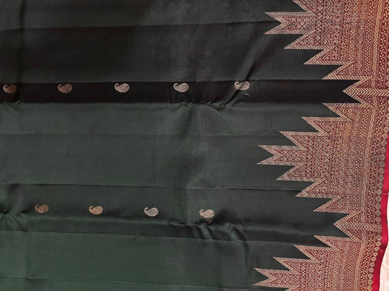 PURE SOFT SILK SAREE BOTTLE GREEN AND RED WITH ALLOVER ZARI WEAVES IN BORDER KANCHI TEMPLE STYLE - pochampallysarees.com