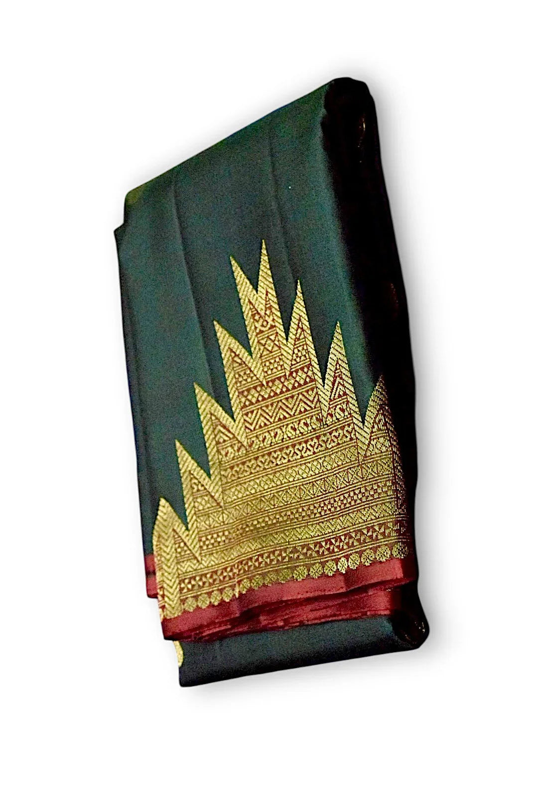 PURE SOFT SILK SAREE BOTTLE GREEN AND RED WITH ALLOVER ZARI WEAVES IN BORDER KANCHI TEMPLE STYLE - pochampallysarees.com