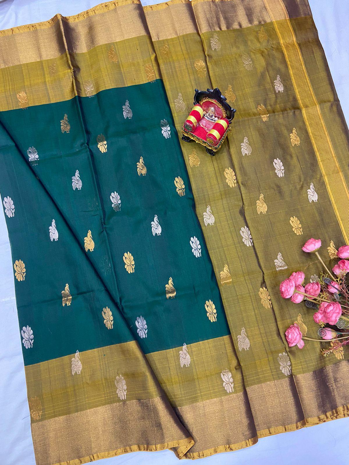 Bottle Green Uppada Butta Pure Silk Saree - pochampallysarees.com