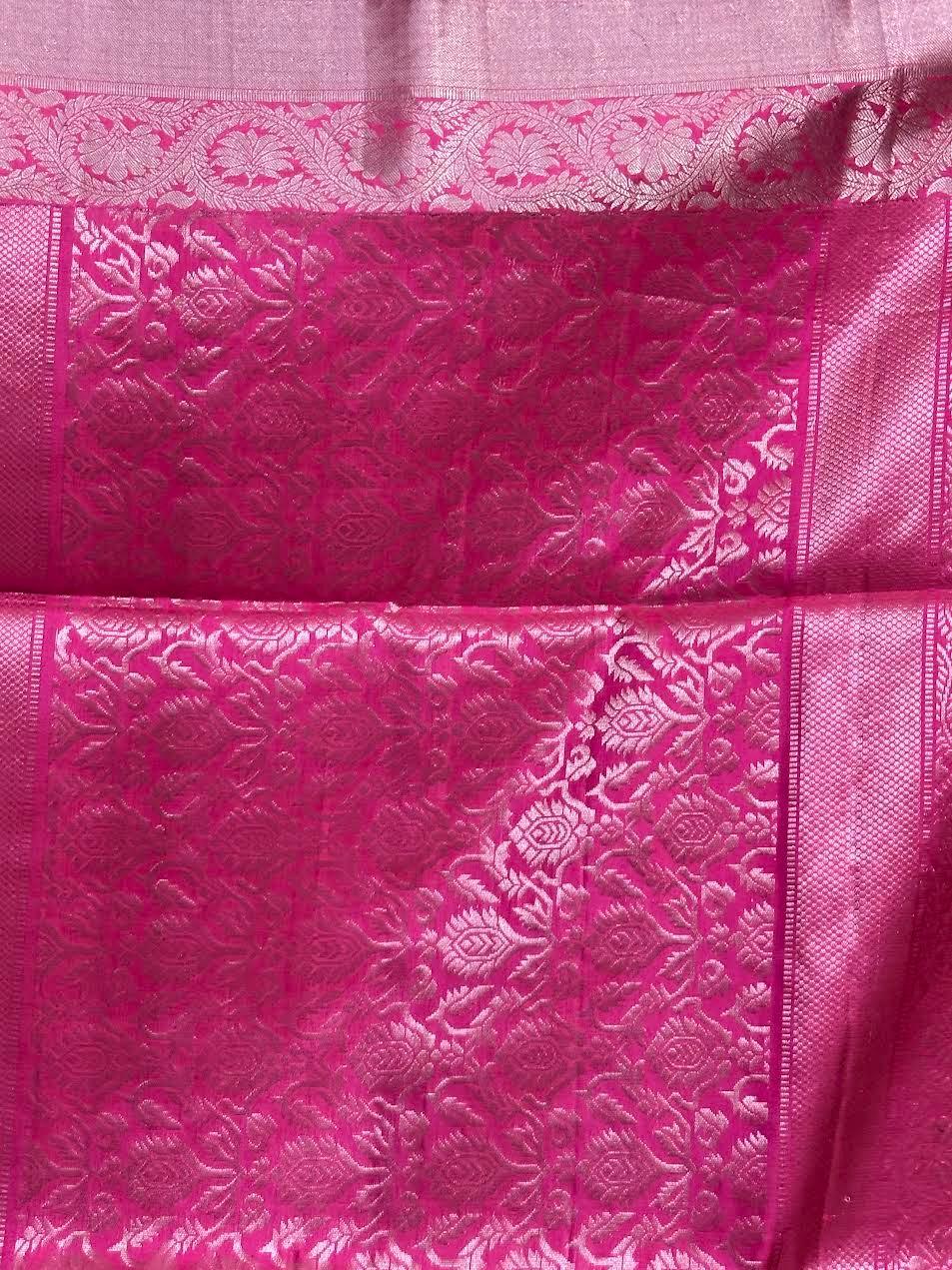 PURE SOFT SILK SAREE CHOCOLATE AND PINK WITH ALLOVER IKKAT DESIGN WEAVES IN BORDER AND PALLU KANCHI STYLE - pochampallysarees.com